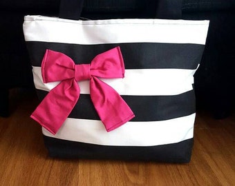 Black and white striped cotton bag with pink bow