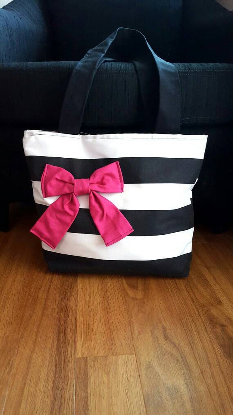 Black and white striped cotton bag with pink bow image 1