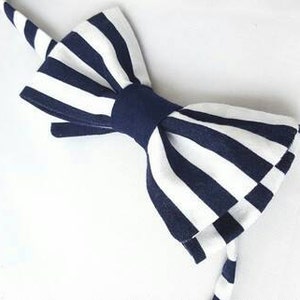 Handmade Navy and white striped adjustable pre tied bow tie menswear unique neckwear men teen neck tie image 2