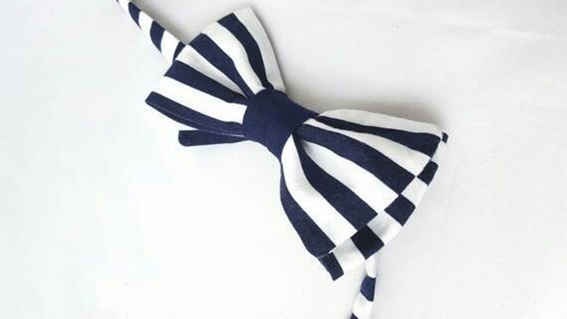 Handmade Navy and white striped adjustable pre tied bow tie menswear unique neckwear men teen neck tie image 2