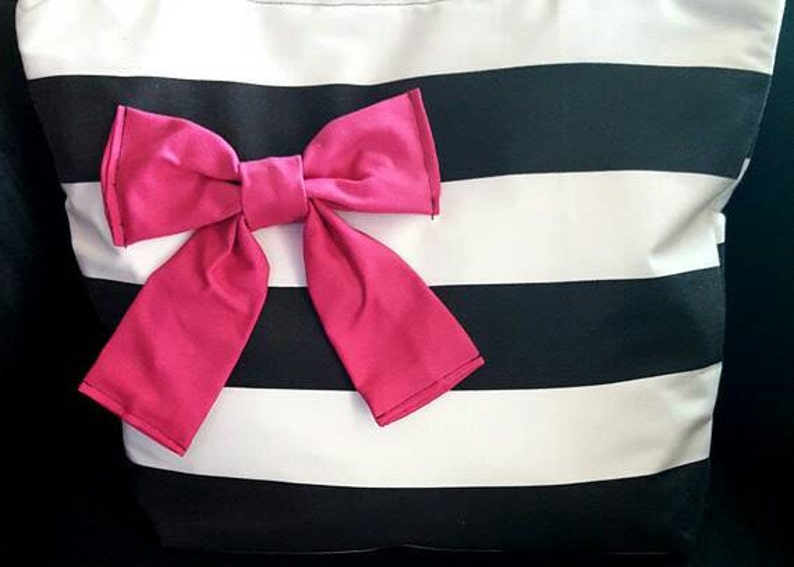 Black and white striped cotton bag with pink bow image 2