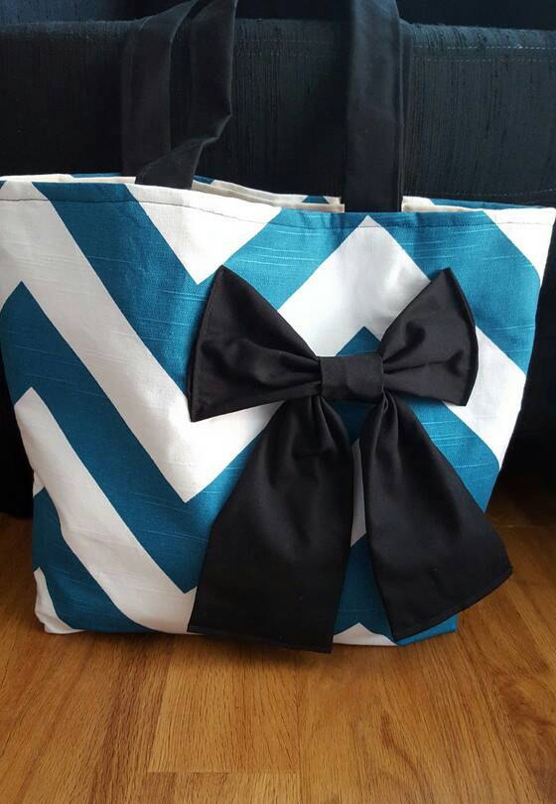 Large teal chevron tote bag with black bow | Etsy