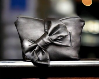 Black faux leather clutch bag small feminine bow purse