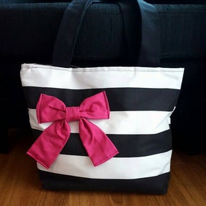 Black and white striped cotton bag with pink bow image 3