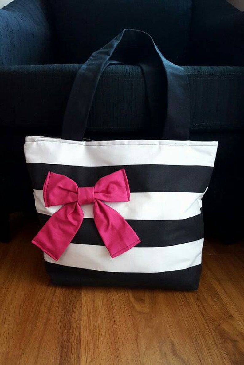 Black and white striped cotton bag with pink bow image 3