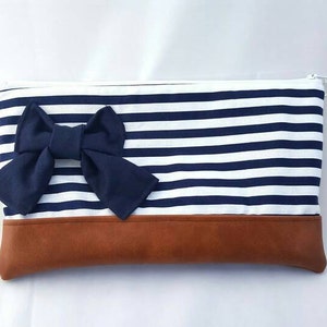 Clutch bag with bow, navy clutch bag, handmade handbag, cotton clutch bag image 3
