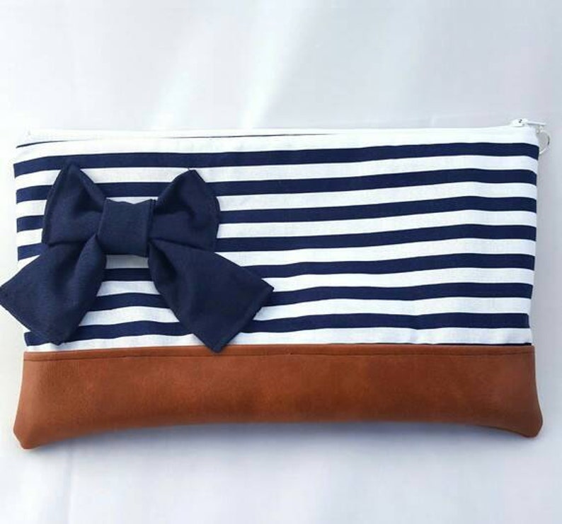 Clutch bag with bow, navy clutch bag, handmade handbag, cotton clutch bag image 3