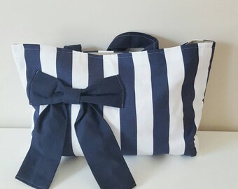 Striped Navy and white nautical tote bag large