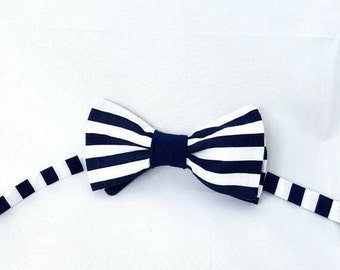 Handmade Navy and white striped adjustable pre tied  bow tie menswear unique neckwear men teen neck tie