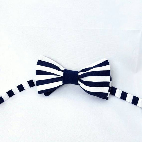 Handmade Navy and white striped adjustable pre tied  bow tie menswear unique neckwear men teen neck tie