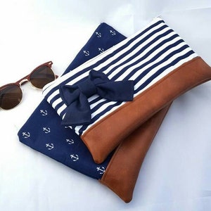 Clutch bag with bow, navy clutch bag, handmade handbag, cotton clutch bag image 1