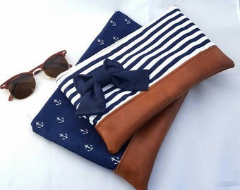 Pochette con fiocco, pochette navy, borsa fatta a mano, pochette in cotone