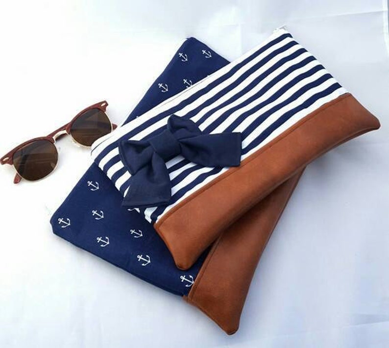 Clutch bag with bow, navy clutch bag, handmade handbag, cotton clutch bag image 1