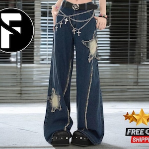 Women&#39;s Vintage Jeans | Star Print Baggy Denim Pants | Wide Leg Streetwear | Retro Hip Hop Style | Trendy Trousers for Her
