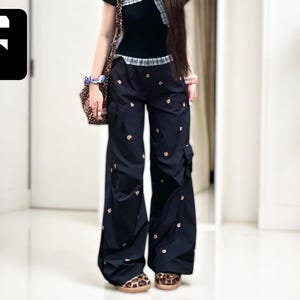 Bear Print Wide-Leg Pants | Bow Detail Cargo Trousers | Cartoon Style Streetwear | Comfy Baggy Fit for Women | Y2K Gift Bottoms