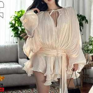 Women&#39;s Chiffon Mini Dress | Boho V-Neck Puff-Sleeve Details | Flowy Holiday Outfit | Lace Up Party Wear | Perfect Gift Idea