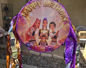 Custom K-Pop Huntrix Birthday Piñata , Purple & Gold Metallic Decor, Kpop Demon Hunter Piñata (12x12x3.5), handmade.