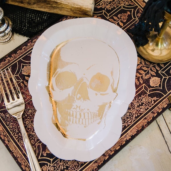 Skull Shaped 8" Plates. Festive Holiday Gift Decor Idea. My Mind's Eye. Birthday Party Halloween Theme. Gold Skeleton.