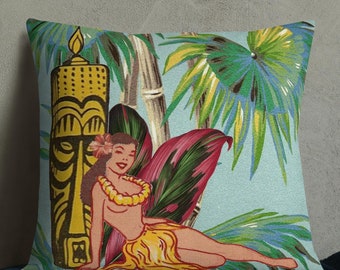 Tiki Wahine Premium Pillow. Tropical Decor. Housewarming Gift. Bar Accessory.