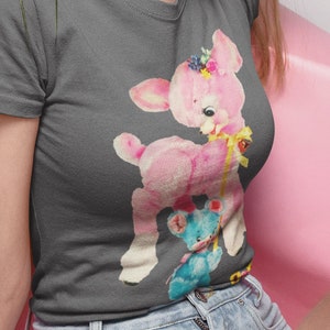 Kitschy Cute Pink Deer Women&#39;s Fitted Tee. Kitsch Retro Animals Shirt. Vintage Vibes Slim Fit Bella + Canvas Tshirt. Time Capsule Nothing.