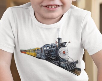 T-shirt in cotone biologico con stampa di un treno. Maglietta con grafica retrò di una locomotiva a vapore. Maglietta per bambini. Per il festeggiato.