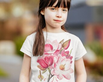 Retro Pink Magnolia Shirt. Gift for Girl. Toddler Floral Shirt. Cap Sleeve Fitten T-Shirt.