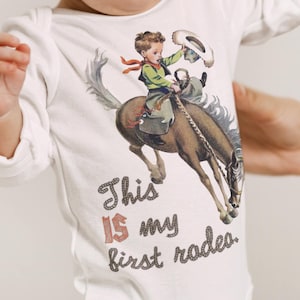First Rodeo Retro Western One Piece Bodysuit with Buckaroo Cowboy on Horse. Cute Southwestern or Western themed baby outfit