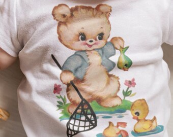 Organic Fishing Bear Baby Shirt, Cute Bear, Vintage Animal Top, Infant Shirt, Shower Gift, Baby Layette, Baby Gift, Retro Shower