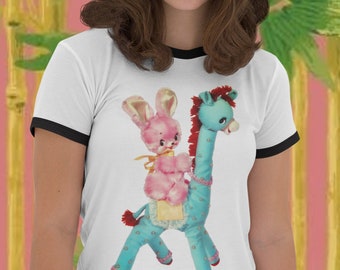 Kitschy Cute Giraffe and Bunny Unisex Cotton Ringer T-Shirt