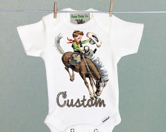 First Rodeo Retro Western One Piece Bodysuit with Buckaroo Cowboy on Horse Cute Southwestern or Western themed baby Onesie\u2122