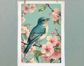 Bluebird Organic Kitchen Tea Towel. Flour Sack Hand Towel with Blue Bird and Pink Cherry Blossom Graphic.