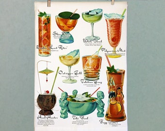 Retro Kitchen Towel. Vintage Tiki Bar Decor Cocktail Tea Towel. Vintage Drinks Floursack Hand Towel with Ingredients.