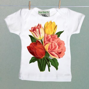 Beautiful Tulips Organic Infant Baby Shirt. Vintage Botanical Natural Orange Red and Yellow Tulips. Retro graphic shirt.