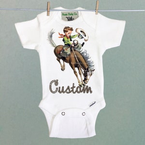 Organic Onesie™ Custom Name Retro Western One Piece Bodysuit with Buckaroo Cowboy on Horse. Cute Southwestern or Western themed baby Onesie™ newborn short sleeve