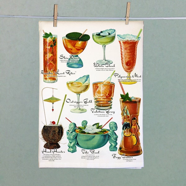 Retro Kitchen Towel. Vintage Tiki Bar Decor Cocktail Tea Towel. Vintage Drinks Floursack Hand Towel with Ingredients.