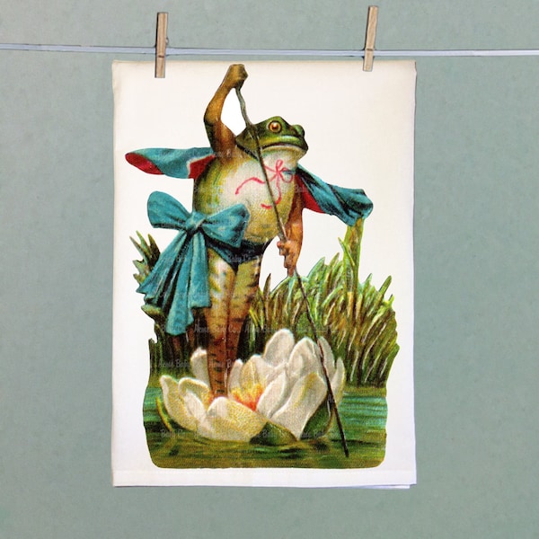 Dapper Frog Retro Tea Towel. Flour Sack Hand Towel with Beautiful Vintage Graphic. Smartly Dressed Frog. Lotus Flower Boats. Cute Amphibian.