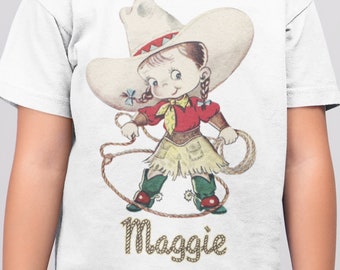Personalisierte Cowgirl-Hemd. Mädchen Geburtstagsgeschenk. Bio Bio-Retro Western-T-Shirt Retro Cowgirl. Name und Haarfarbe T-Shirt.