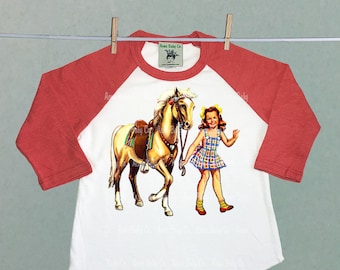 Retro Cowgirl Shirt, Girl and Horse, Raglan Shirt, Western Shirt, Rodeo Gift, GIrl's Shirt, Western Shirt, Horse Shirt, Rodeo Shirt