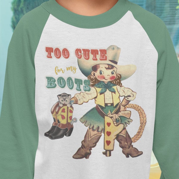 Too Cute For My Boots Retro Shirt. Roper Cowgirl Shirt. Western Raglan Shirt. Gift for Her. Girl's Rodeo Shirt. Kitten and Gunslinger Girl.