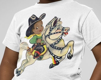 Retro African American Cowboy Shirt. Organic Shirt.  Boy on Horse. Vintage Illustration. Western Rodeo T Shirt. Organic white or natural.