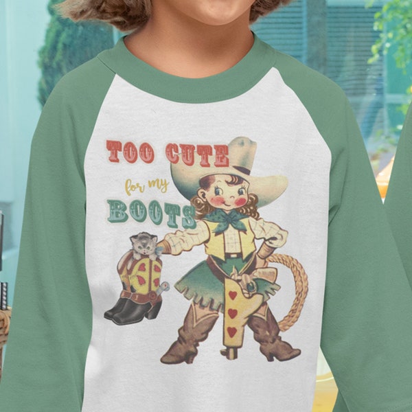 Too Cute For My Boots Retro Shirt. Roper Cowgirl Shirt. Western Raglan Shirt. Gift for Her. Girl's Rodeo Shirt. Kitten and Gunslinger Girl.