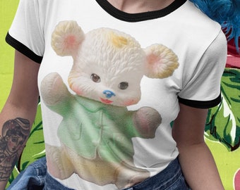 Hugging Bear Toy Unisex Cotton Ringer T-Shirt. Vintage Vibe Retro Kitschy Cute Bear Shirt.