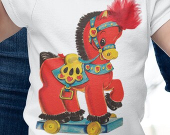 Organic Retro Baby Shirt, Red Mare, Toy Horse, Baby Shirt, Baby Boy, Baby Gift, Vintage Horse, Gift for Him, Shower Gift, Unisex Baby Gift