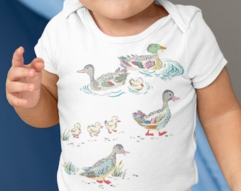 Organic Retro Ducks Shirt. Baby Duckling T-Shirt. Water Birds Vintage Graphic. Infant Tee Shower Gift. Baby Present.
