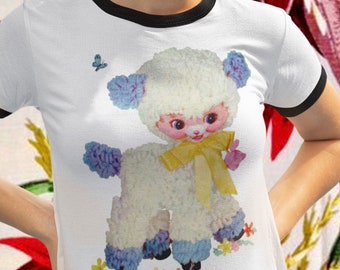 Kitschy Cute Nursery Lamb Unisex Cotton Ringer T-Shirt. Vintage Vibe Kitsch Animal Shirt.