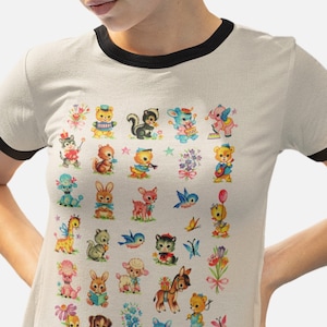 Retro Ringer Tee. Baby Animals Unisex Cotton Ringer T-Shirt with Kitschy Cute Baby Animals. Vintage Vibes Kitsch Gift for Her.