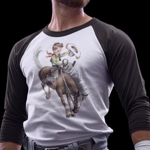 Adult Baseball Raglan Cowboy Shirt. Buckaroo & Horse Unisex Men&#39;s Shirt. 3/4 Sleeve. Gift for Him. Birthday. RTS Ready to Ship.