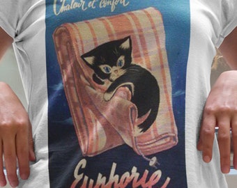 Retro Kitty Cat Women's or Unisex Cozy Organic Shirt. Great Gift for Her. Gift for Her or Him. Vintage French Euphorie Kitten Advertisement.