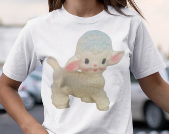 Kitschy Cute Retro Lamb Toy Women's Tee. Organic Shirt with Rubber Nursery Lamb. Gift for her.