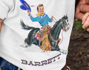 Custom Retro Personalized Cowboy Shirt with Horse. Boys Birthday Cowboy Rodeo Shirt. Gift for Boy. Choose Name or Saying.
